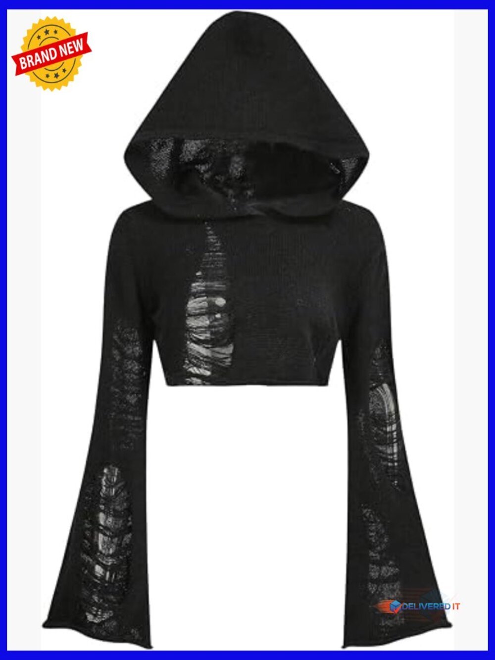 Ripped Hollow Out Y2K Cropped Pullover Bell Sleeve Hoodie Sweater